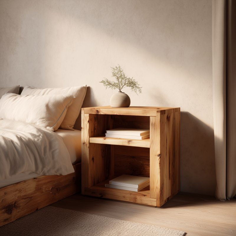 Ein geölter DIY-Nachttisch aus Fichtenholz mit offenem Fach im minimalistischen Schlafzimmer platziert.