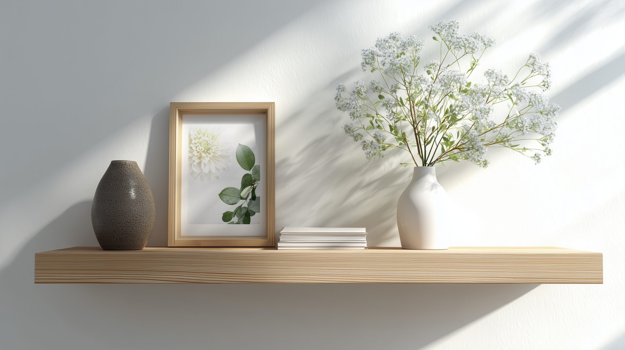 Ein Wandboard aus Fichtenholz mit natürlicher Maserung, montiert auf weißer Wand mit dezenter Dekoration.