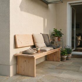 Eine Bank aus Fichtenholz mit Kissen steht auf einer Terrasse neben einer offenen Glastür und mehreren Topfpflanzen.