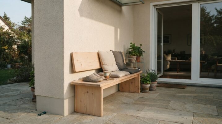 Eine Bank aus Fichtenholz mit Kissen steht auf einer Terrasse neben einer offenen Glastür und mehreren Topfpflanzen.