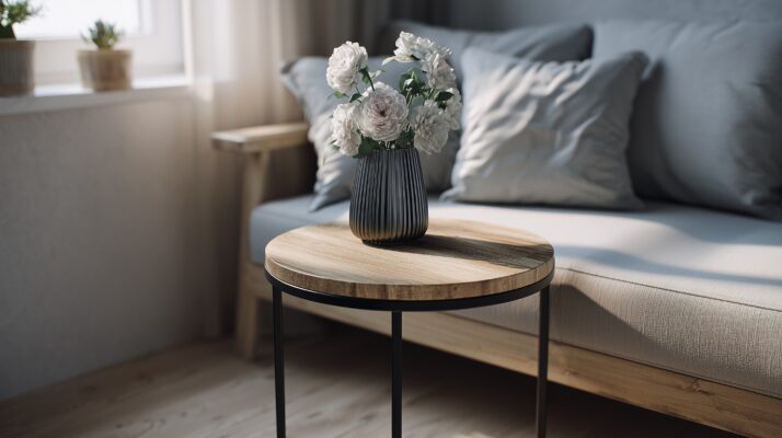Kleiner Beistelltisch mit Flachstahlgestell im Wohnzimmer.