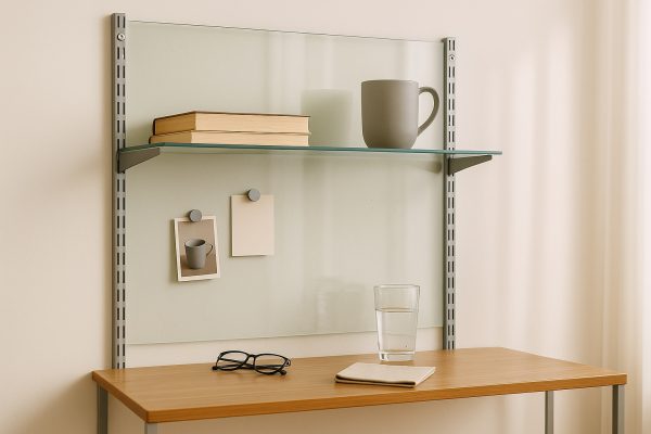 Regal mit Floatglas-Rückwand, Büchern, Brille und Tasse.