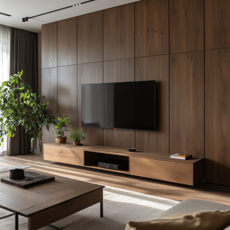 Wohnzimmer mit dunkler Furnierwand und passenden TV-Möbel.