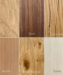 Furniermuster verschiedener Holzarten: Eiche, Nuss, Eiche Antik, Buche, Eiche Rustikal und Tanne.