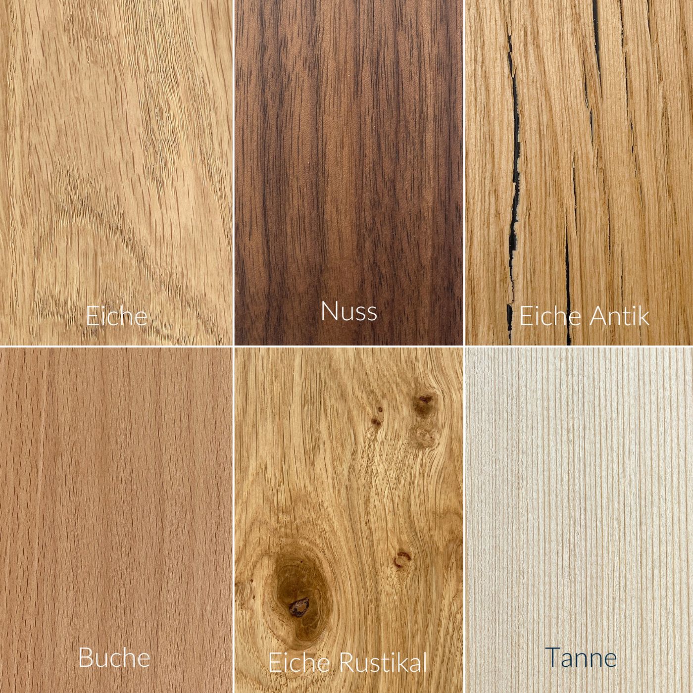 Furniermuster verschiedener Holzarten: Eiche, Nuss, Eiche Antik, Buche, Eiche Rustikal und Tanne.