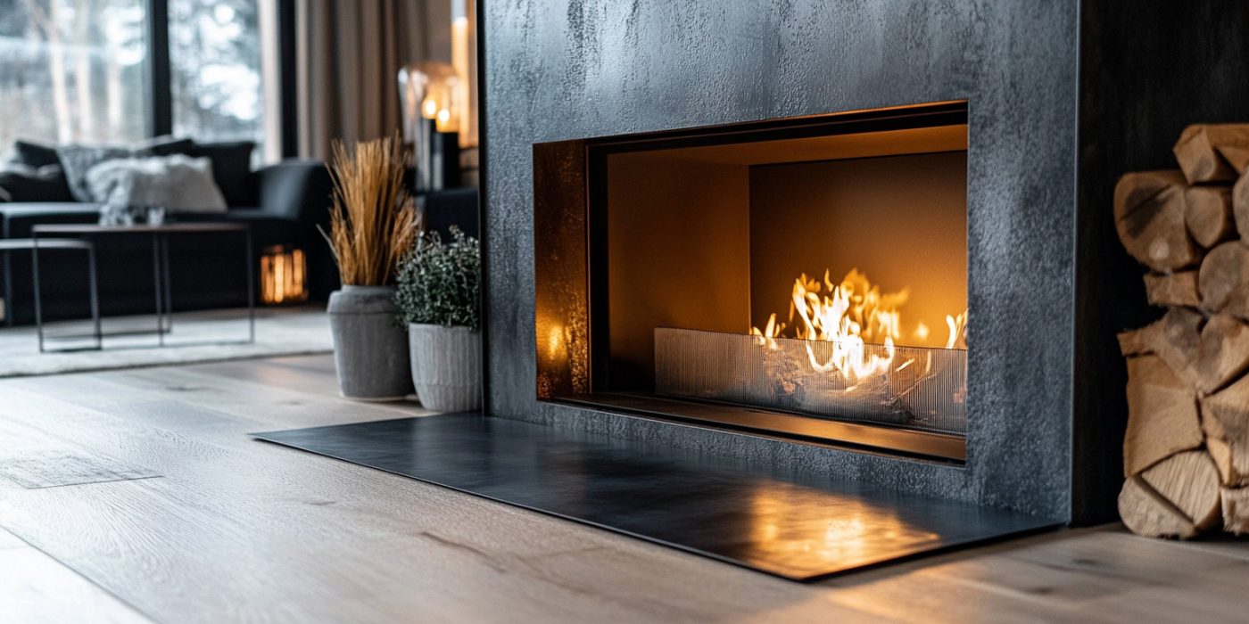 Schwarze Funkenschutzplatte aus Stahl mit Schrägschnitt für den Kamin, maßgefertigt für optimalen Schutz.
