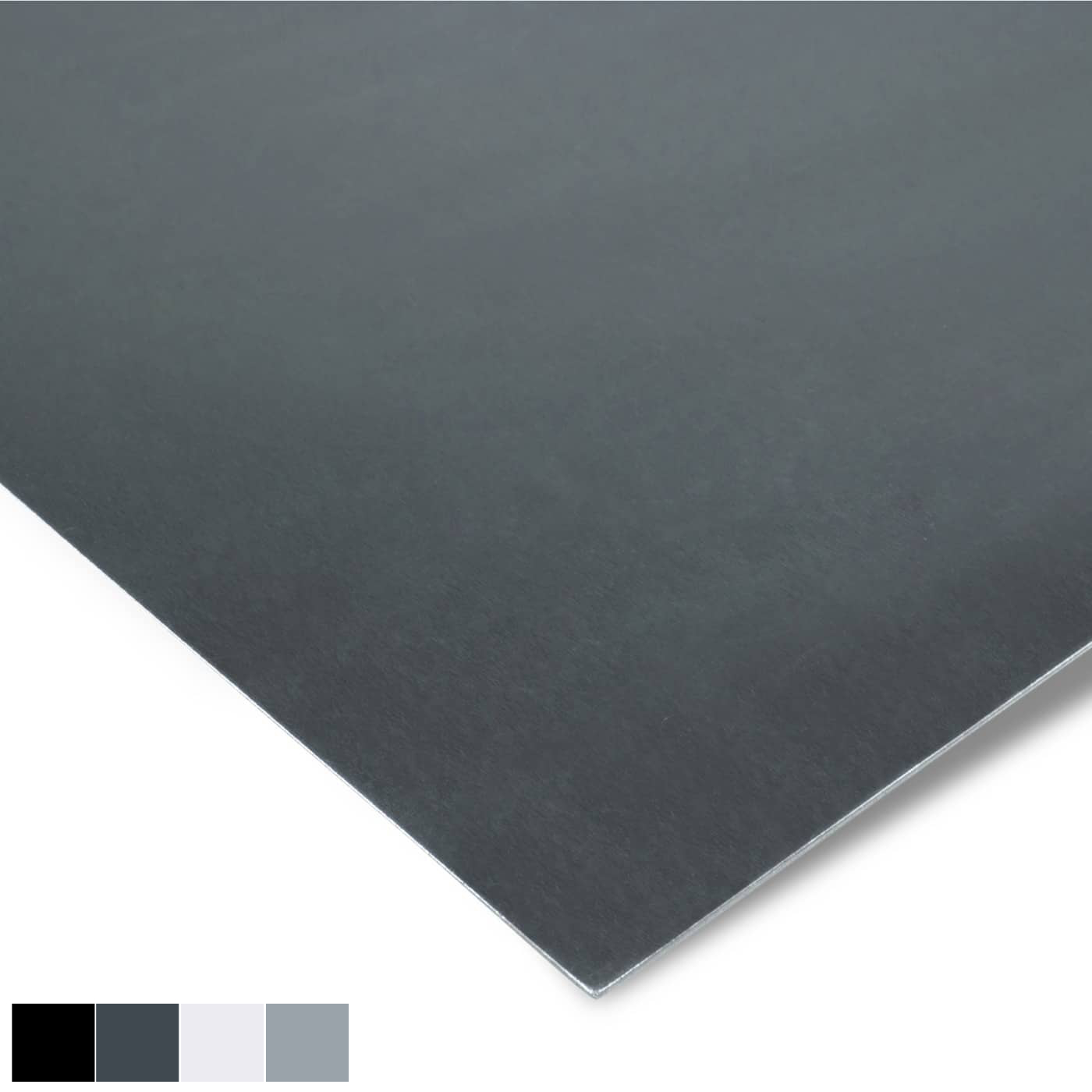 Farbfächer mit Alutafeln in GBD Alu glatt, präsentiert in verschiedenen Grautönen zur Veranschaulichung von Farbvarianten.