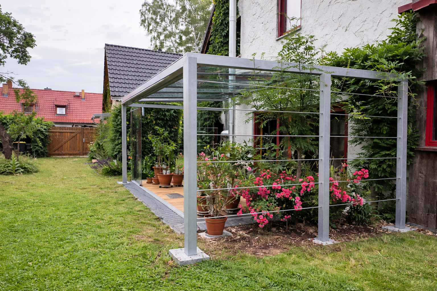 Eine Pergola aus verzinktem Quadratrohr schafft eine stabile Struktur in einem Garten.