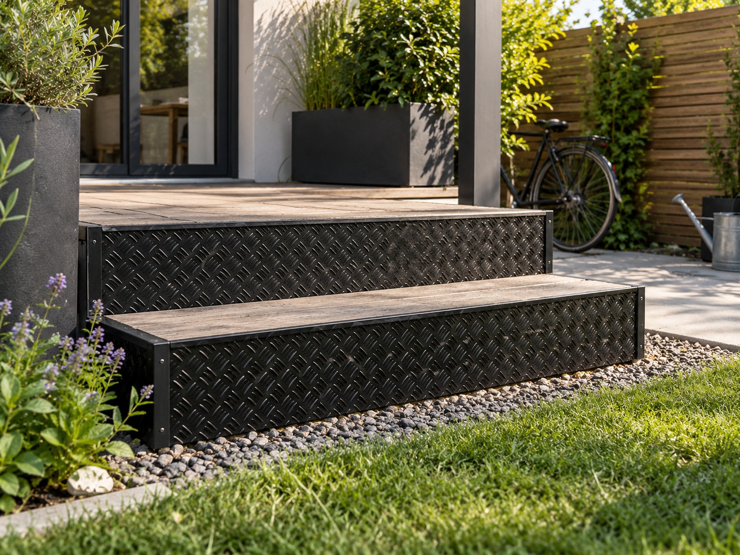 Schwarzes Schwarzriffel Aluminium bildet die Fronten einer Gartentreppe mit natürlichen Holzsitzflächen und Begrünung.