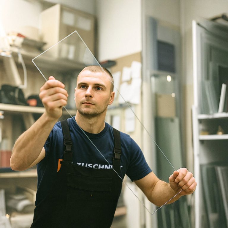 Mitarbeiter von Zuschnittprofi hält zugeschnittenes ESG-Glas in der Hand.
