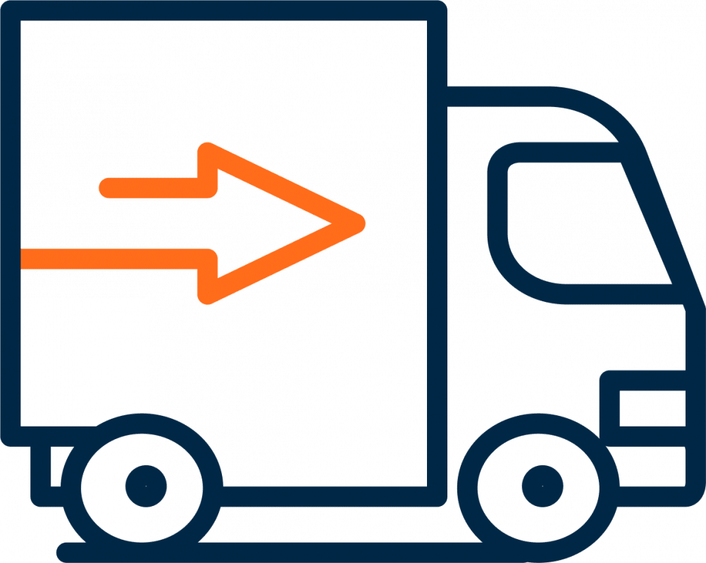 Eine grafische Illustration zeigt einen Lastwagen mit einem orangefarbigen Pfeil.
