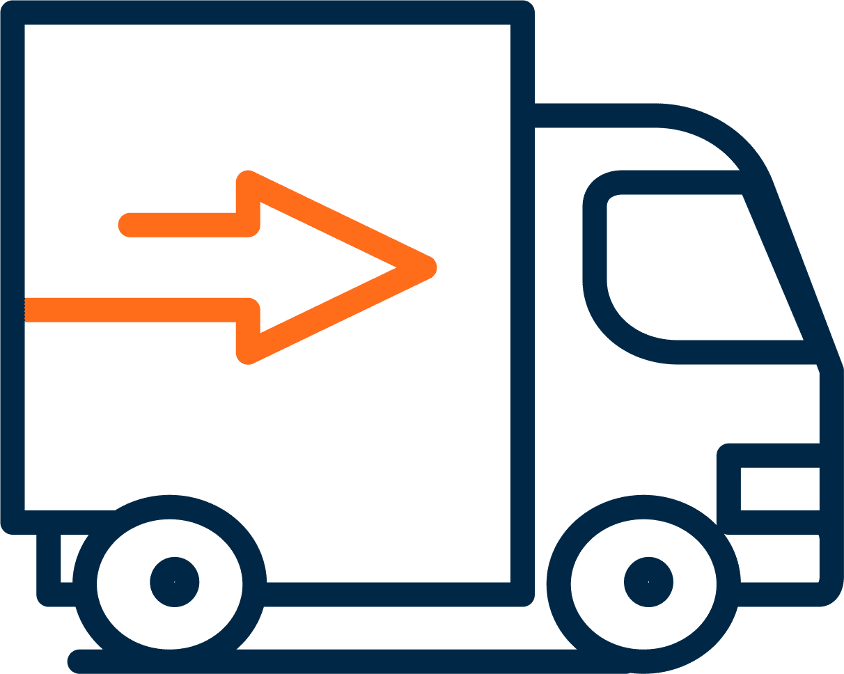 Eine grafische Illustration zeigt einen Lastwagen mit einem orangefarbigen Pfeil.