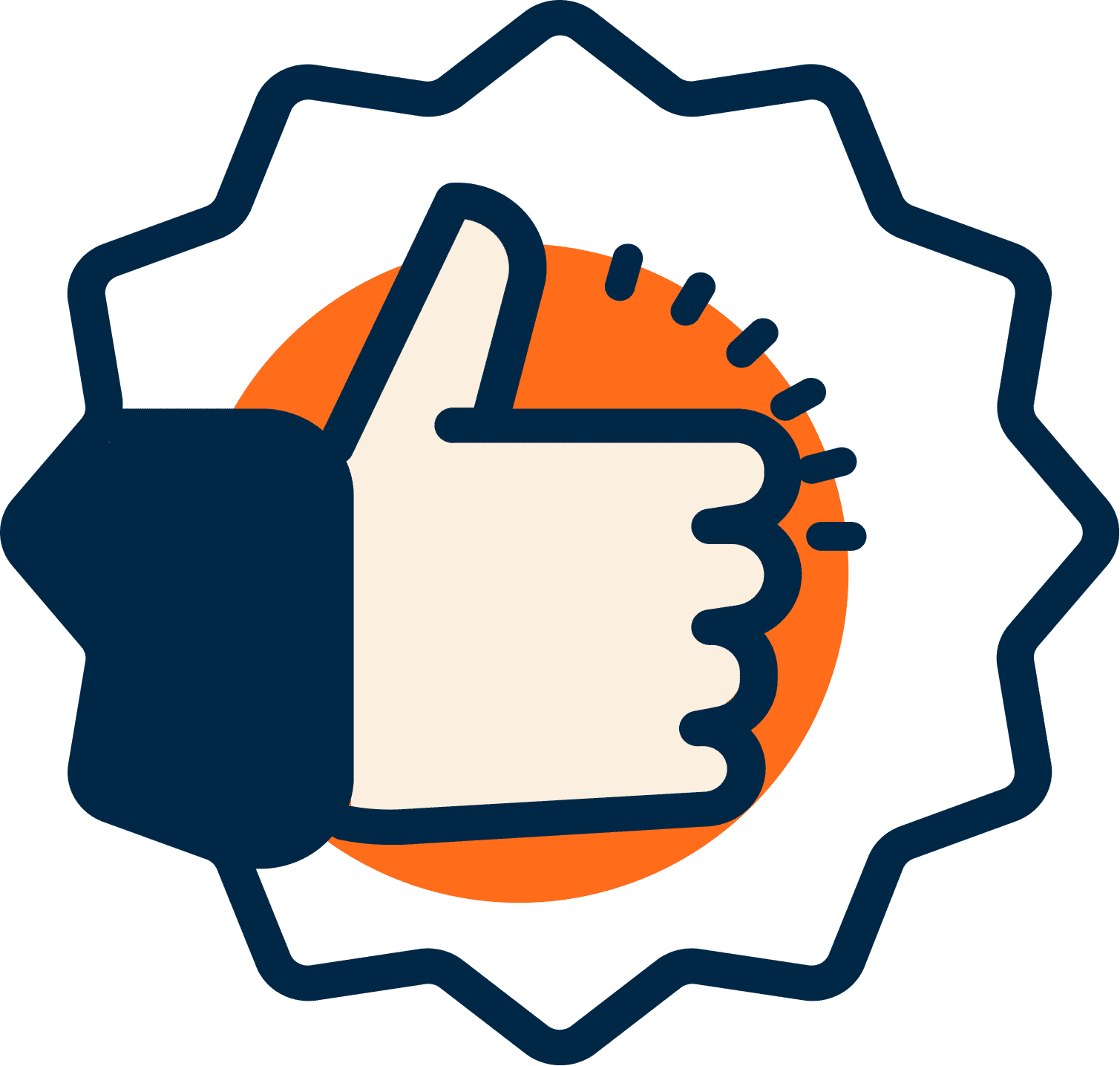 Eine grafische Illustration zeigt eine Hand mit Daumen hoch in einem Emblem.