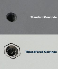 Vergleich von Standardgewinde und ThreadForce Edelstahlgewinde in HPL-Platten.