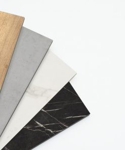 HPL-Platten Farbauswahl in Fächeroptik in Eiche, Granit, Marmor und Beton.