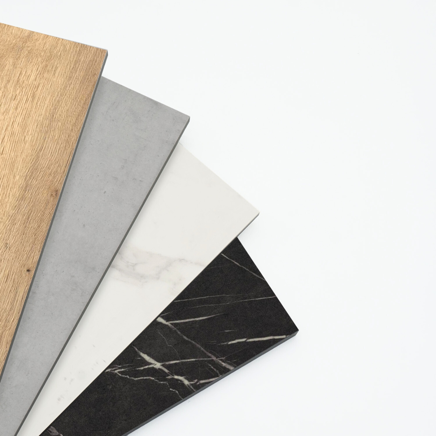 HPL-Platten Farbauswahl in Fächeroptik in Eiche, Granit, Marmor und Beton.