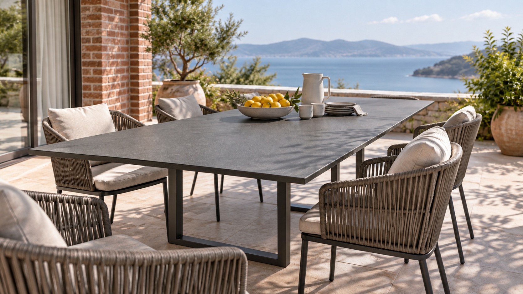 Dunkelgraue HPL-Tischplatte mit Flechtstühlen, Zitronenschale und Keramik auf einer sonnigen Terrasse.