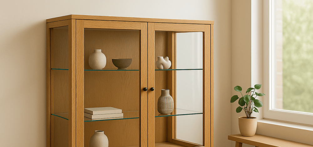 Vitrine mit Floatglas-Regalböden und Holzrahmen im Wohnzimmer.