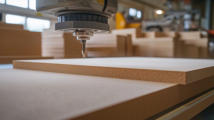 MDF-Platte wird in einer Werkstatt präzise zugeschnitten.