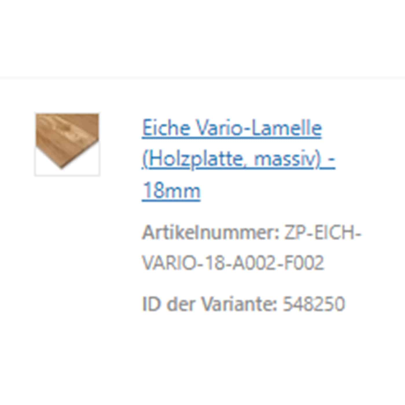 Eine kompakte Beschreibung nennt Maße und Eigenschaften einer massiven Eiche-Vario-Lamelle.