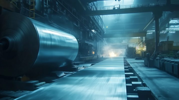 Metallblech wird durch große Walze in einer Fabrik gezogen.