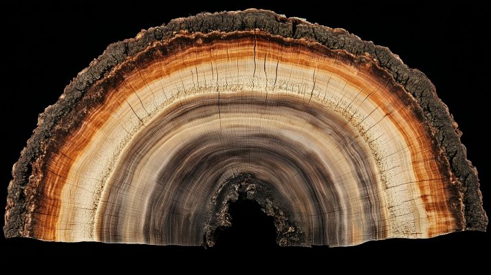 Querschnitt eines Baumstamms mit sichtbarem Kambiumring zwischen Rinde und Holz.