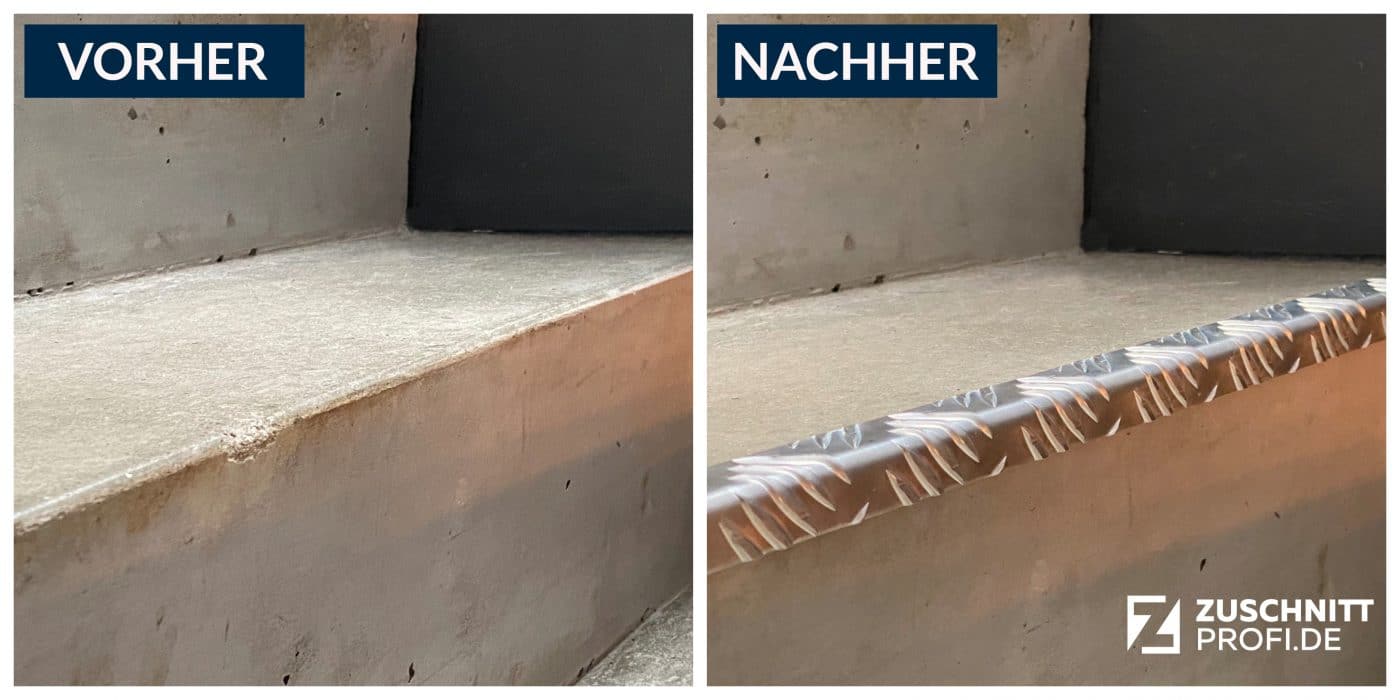 Vorher-nachher-Vergleich: Betonstufe ohne und mit Riffelblech-Abdeckung.