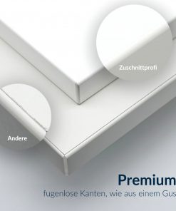 Vergleich von zwei Dekorkanten: unten sichtbare Fuge, oben nahtlos verschweißte Premiumkante von zuschnittprofi.mom.