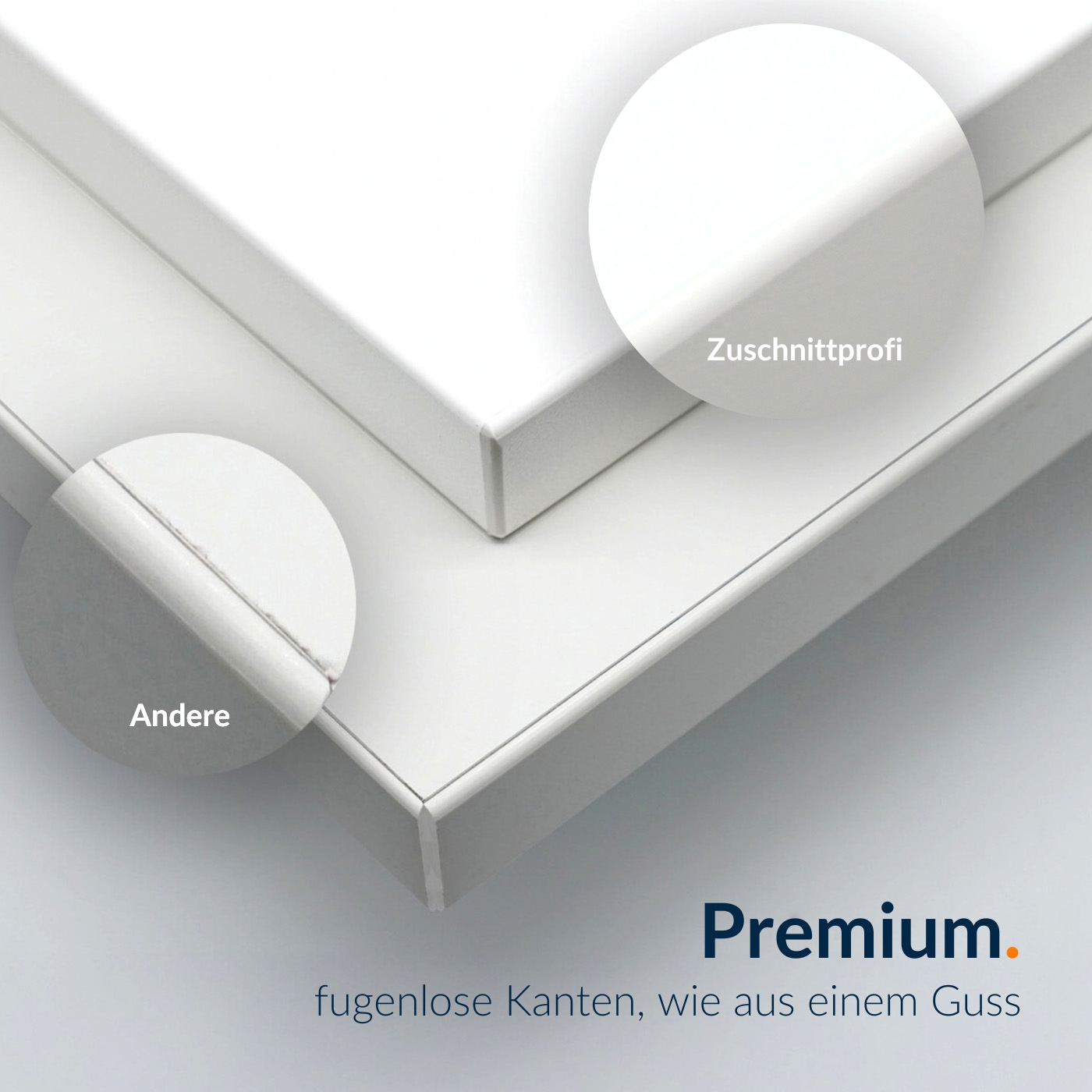 Vergleich von zwei Dekorkanten: unten sichtbare Fuge, oben nahtlos verschweißte Premiumkante von zuschnittprofi.mom.