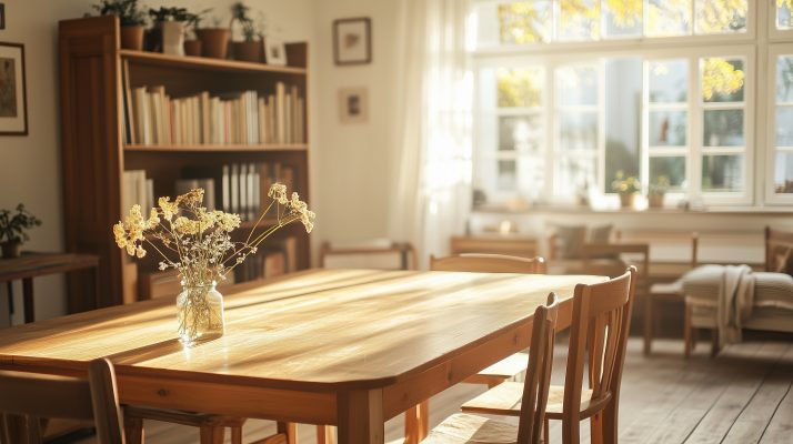 Esstisch aus Kiefernholz in einem Esszimmer.
