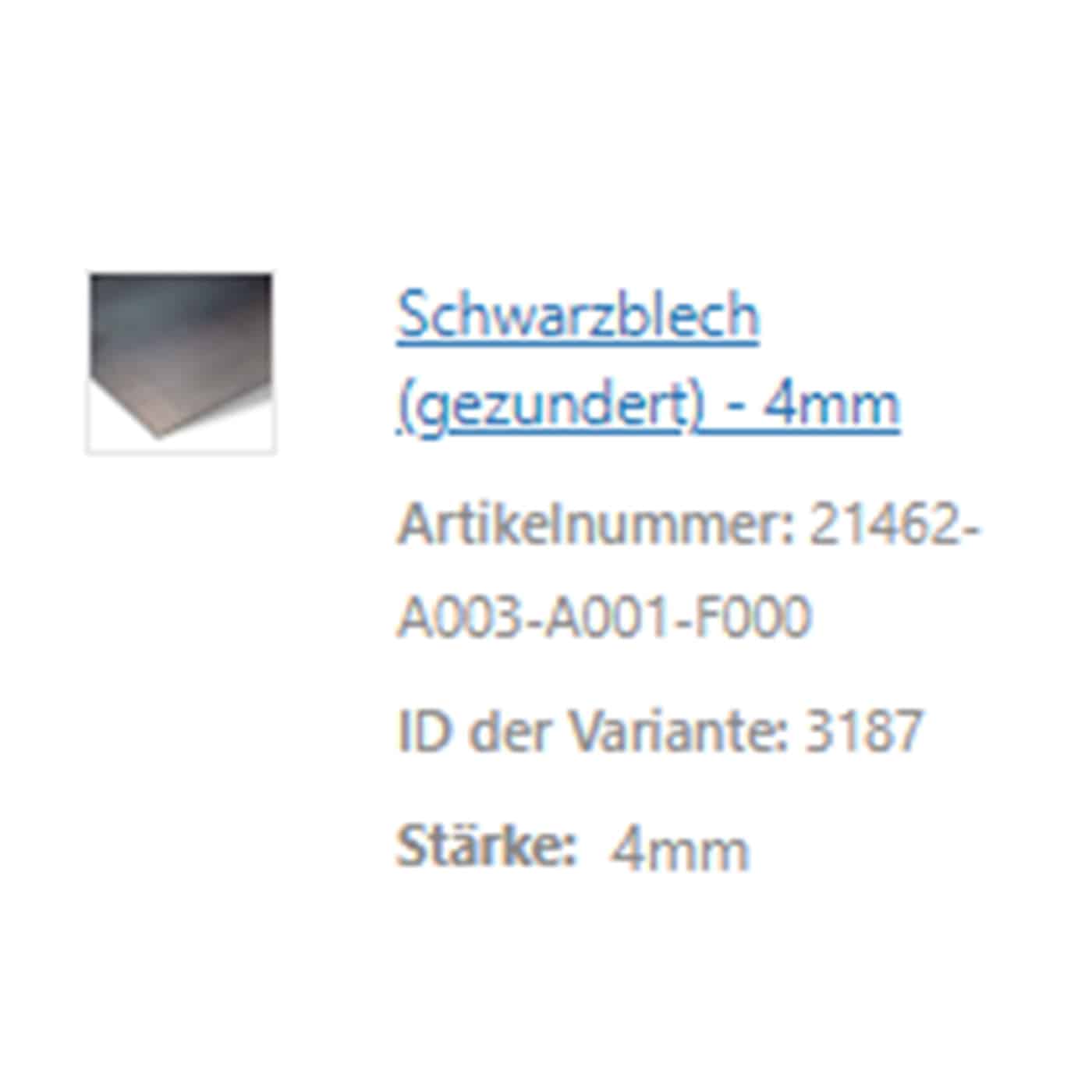 Ein Produkttext beschreibt eine vier Millimeter starke Platte aus robustem Schwarzblech.