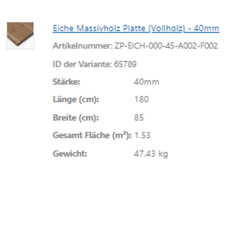 Eine Produktübersicht zeigt Daten einer Eiche Massivholzplatte mit Maßen.