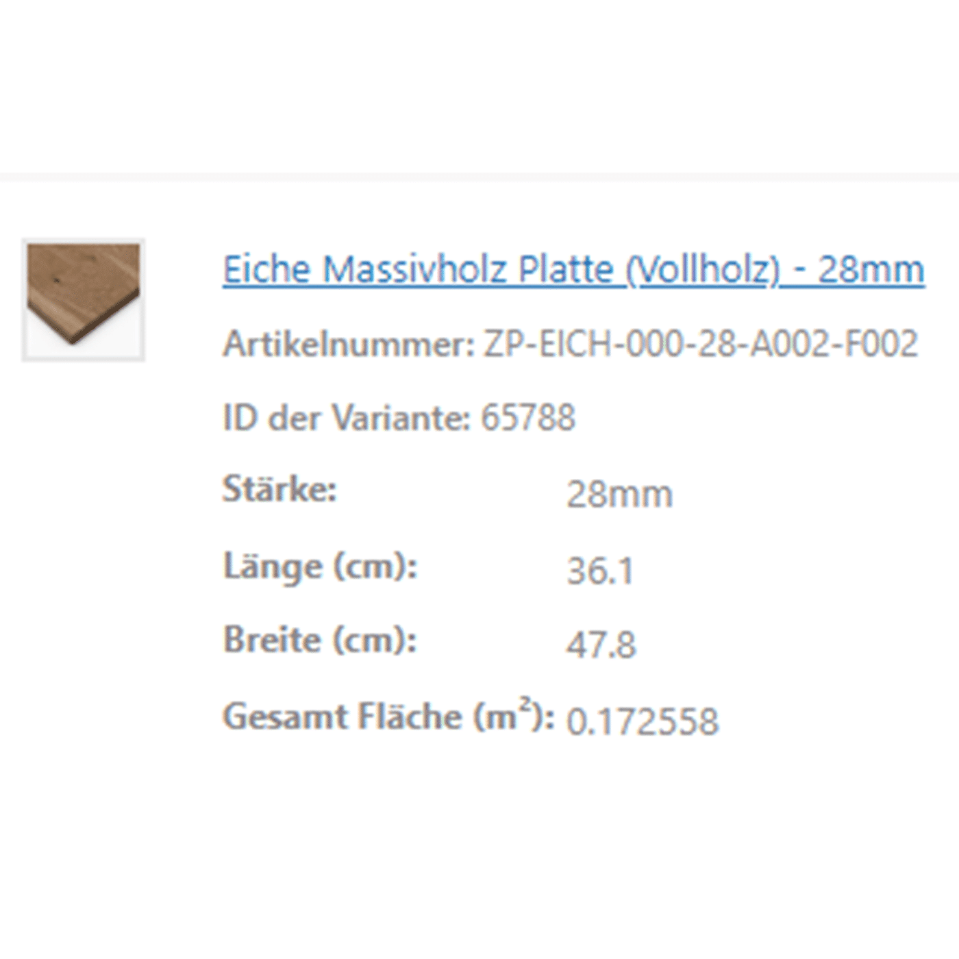 Eine Produktübersicht zeigt technische Daten zu einer Eiche Massivholzplatte.
