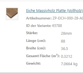 Die Übersicht beschreibt eine Eiche-Massivholzplatte mit Stärke, Maßen und Gewicht.