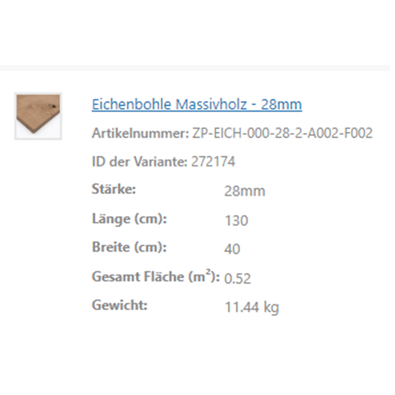 Eine Produktübersicht zeigt Daten zu einer Eichenbohle aus Massivholz.