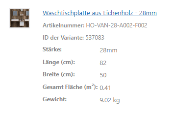 Eine Produktübersicht zeigt Daten zu einer Waschtischplatte aus Eichenholz.