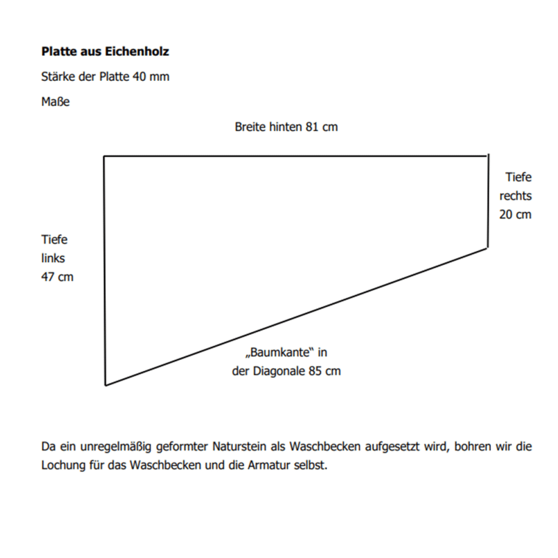 Eine technische Zeichnung zeigt eine keilförmige Platte mit Maßangaben.