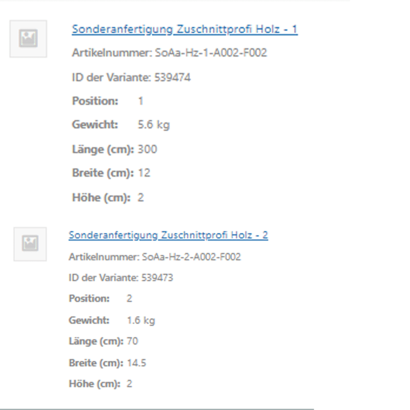 Eine Produktübersicht zeigt Sonderanfertigungen mit Positionen und technischen Angaben.
