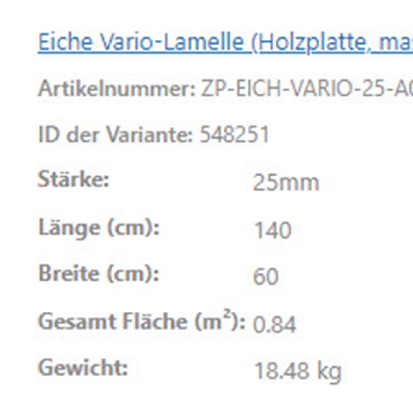 Der Eintrag zeigt eine fünfundzwanzig Millimeter starke Eiche-Vario-Lamelle mit präzise angegebenen Maßen und Gewicht.