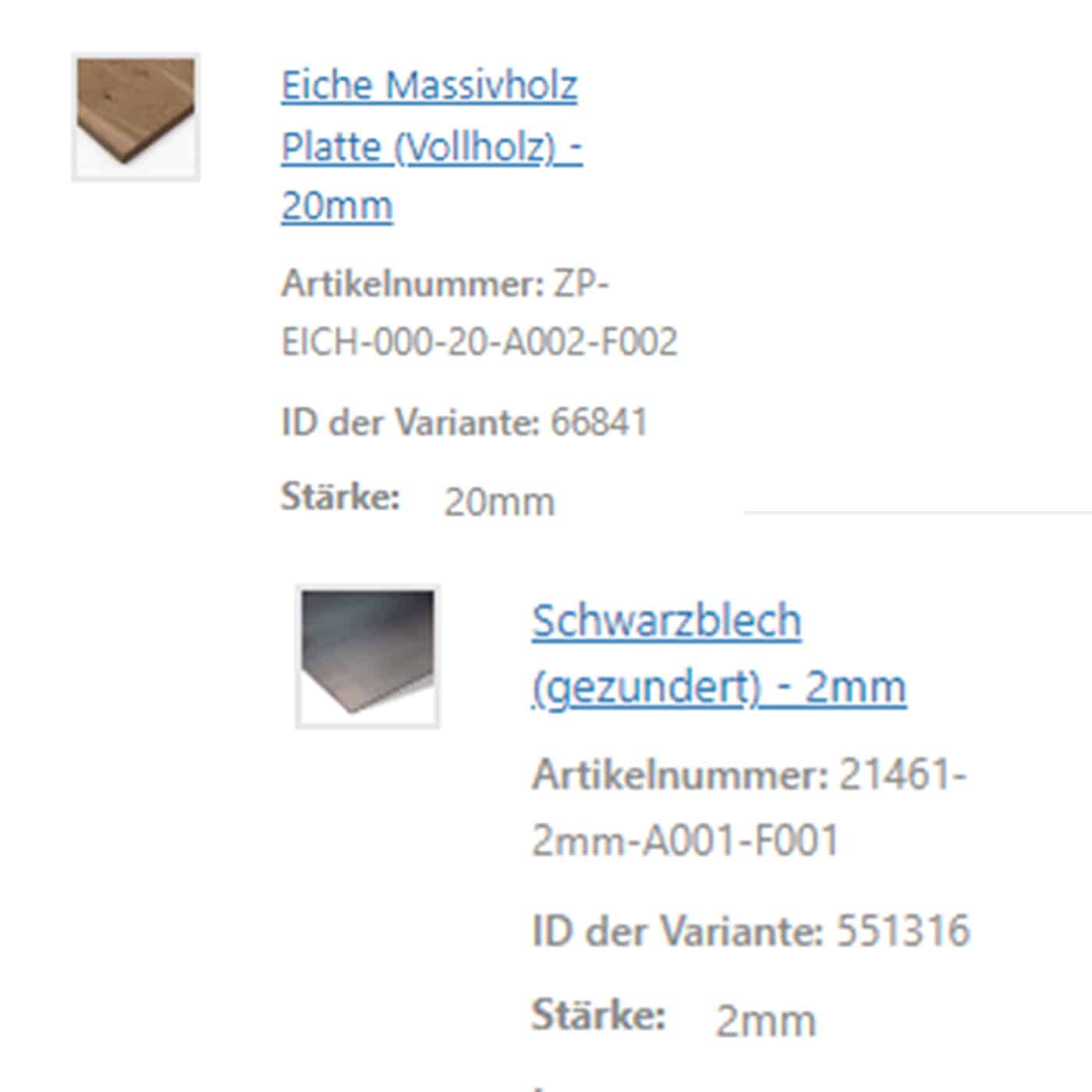 Ein Produkttext beschreibt eine massive Eichenplatte mit zwanzig Millimetern Stärke. Ein weiterer Produkttext beschreibt ein zwei Millimeter starkes Schwarzblech mit geänderter Oberfläche.