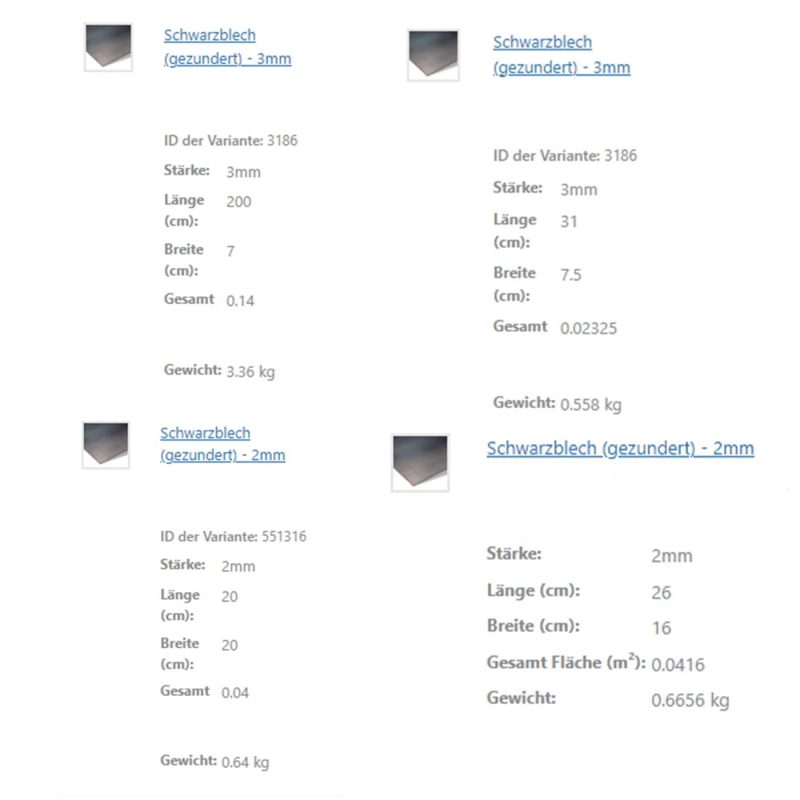 Die Produktübersicht zeigt verschiedene Varianten mit klar aufgeführten Maßen und Eigenschaften.