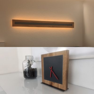 Das Bild ist zweigeteilt und zeigt oben eine dezente Wandleuchte sowie unten ein kleines Holzobjekt als Akzent.