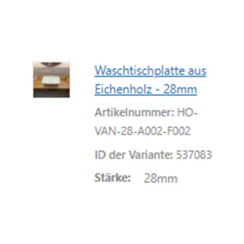 Ein kurzer Informationstext beschreibt eine robuste Waschtischplatte aus massiver Eiche.