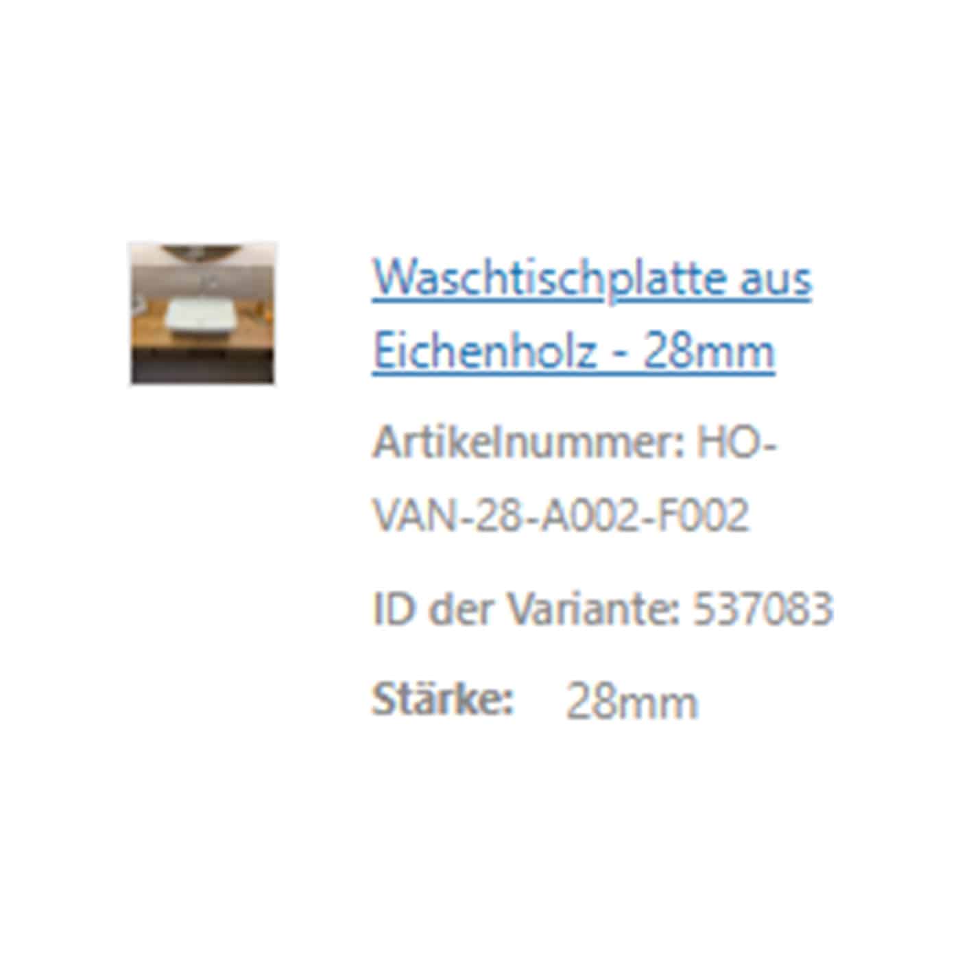 Ein kurzer Informationstext beschreibt eine robuste Waschtischplatte aus massiver Eiche.