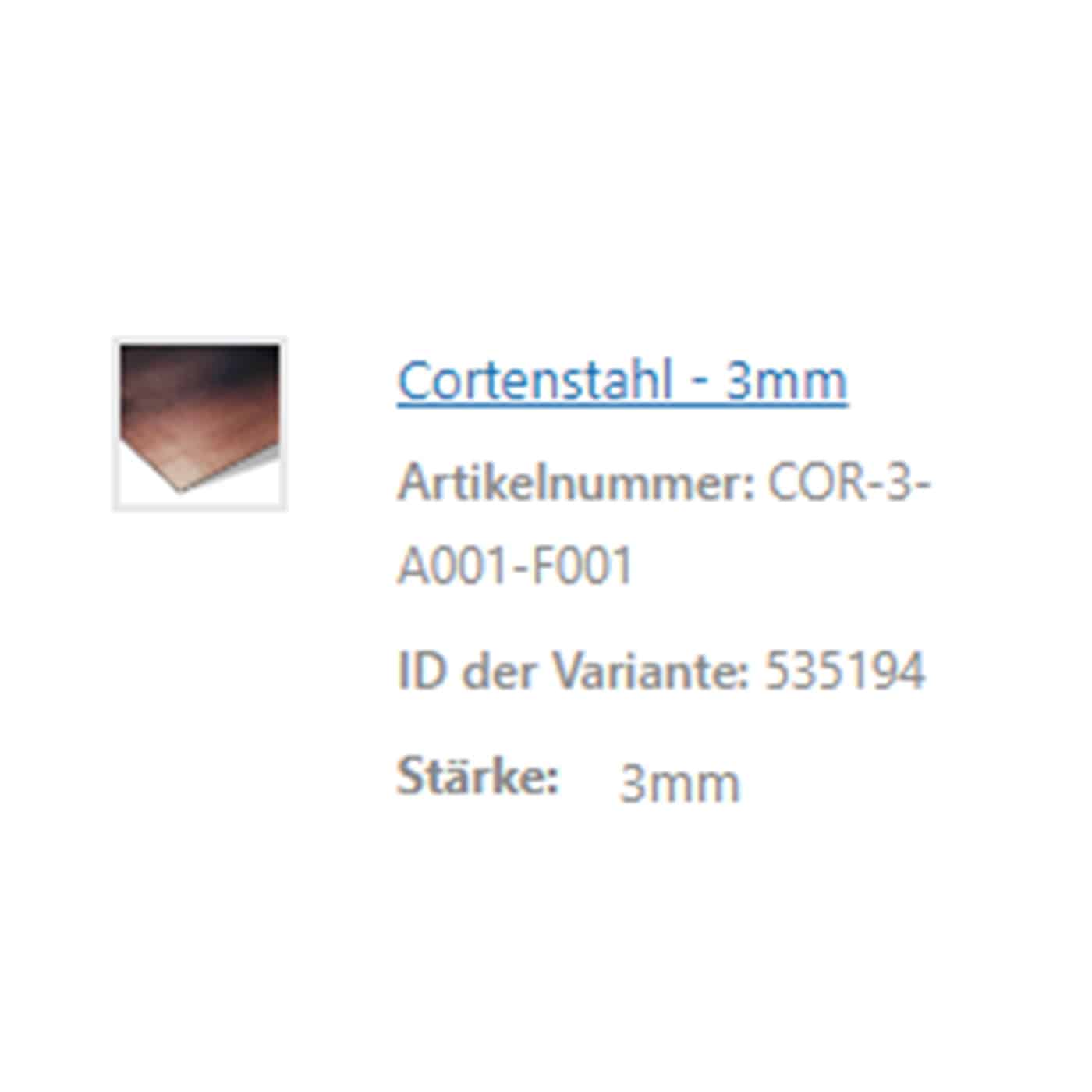 Eine Produktbeschreibung beschreibt eine drei Millimeter starke Platte aus beständigem Cortenstahl.