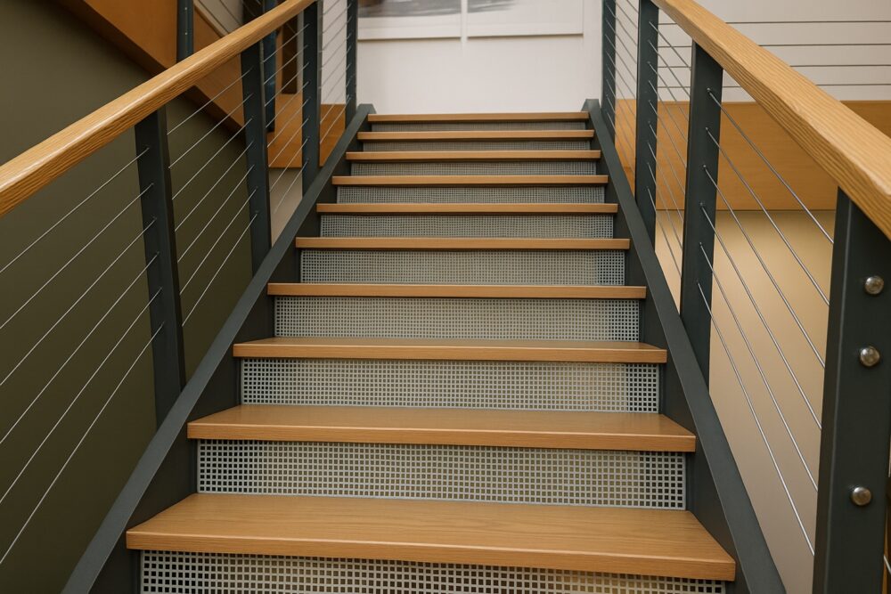 Moderne Holztreppe mit quadratischem Metall-Lochblech und Stahlgeländer.