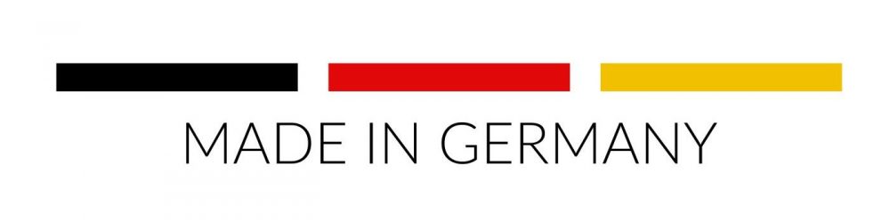 Schlichte Made-in-Germany-Grafik zeigt die Farben der deutschen Flagge als horizontale Balken.