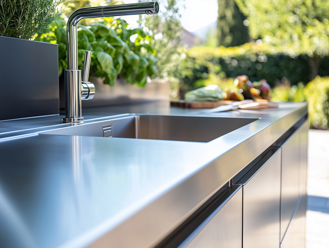 Moderne Outdoor-Küche aus Edelstahl mit integriertem Waschbecken.