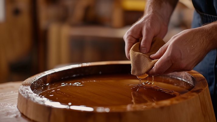 Wachs wird mit Tuch auf Holz aufgetragen.
