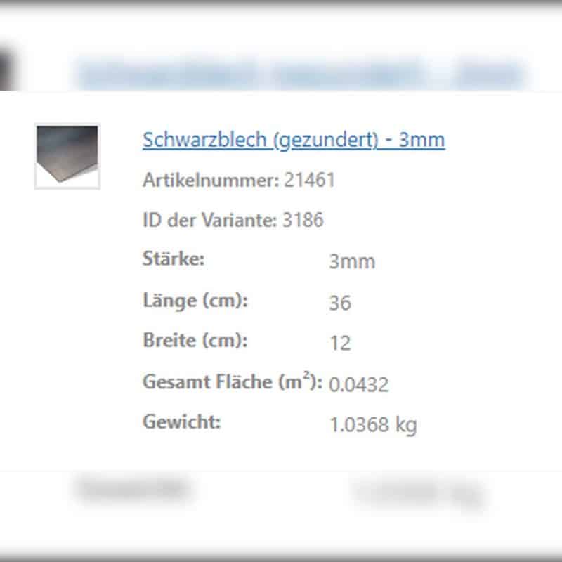 Eine Detailansicht zeigt Produktinformationen zu Schwarzblech mit Materialstärke und Maßen.